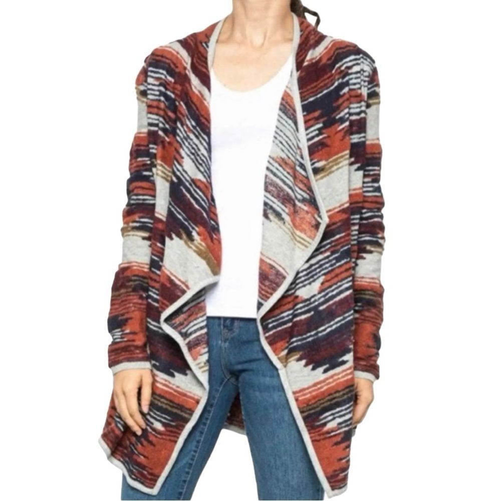 Lucky Brand Open Draped Cardigan Sweater In Aztec / Southwestern Print in Small